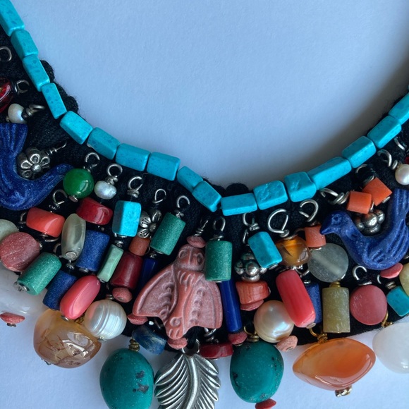 Bib, Choker Necklace, Handmade of Miscellaneous Semiprecious Stones on Fabric - Picture 4 of 7